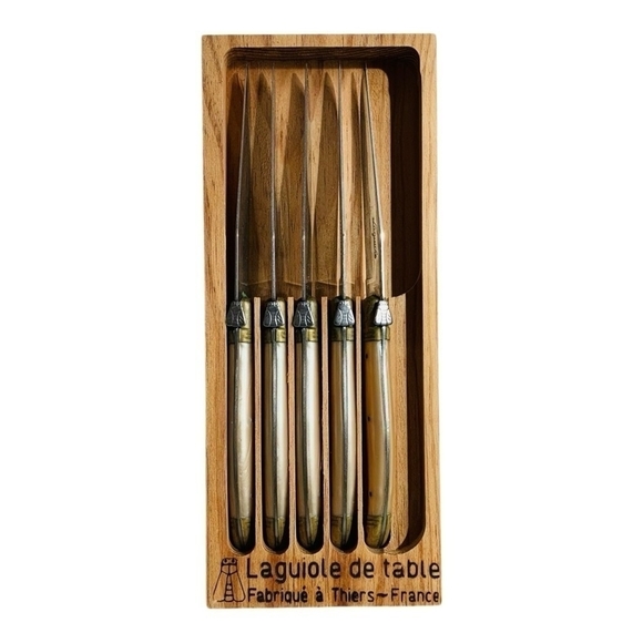 RARE VNTG LAGUIOLE Jean Dubost STEAK KNIFE 5x Stainless Steel Gold Plated Knives - Picture 4 of 5